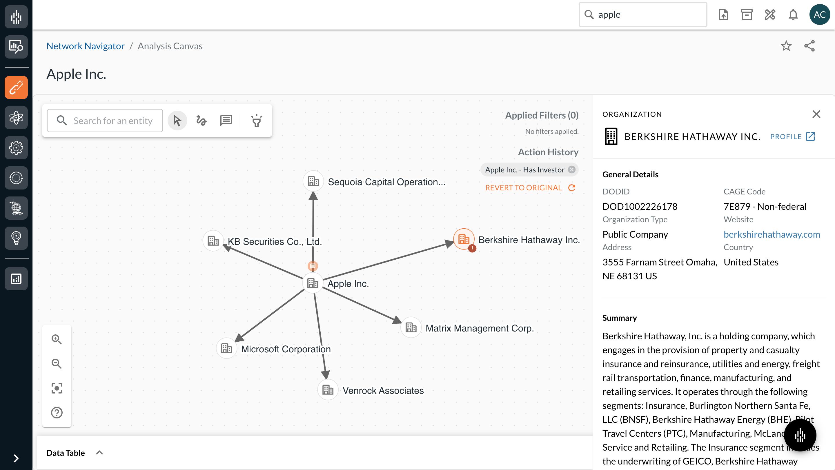 Network Navigator interactive graph view with entity summary cards