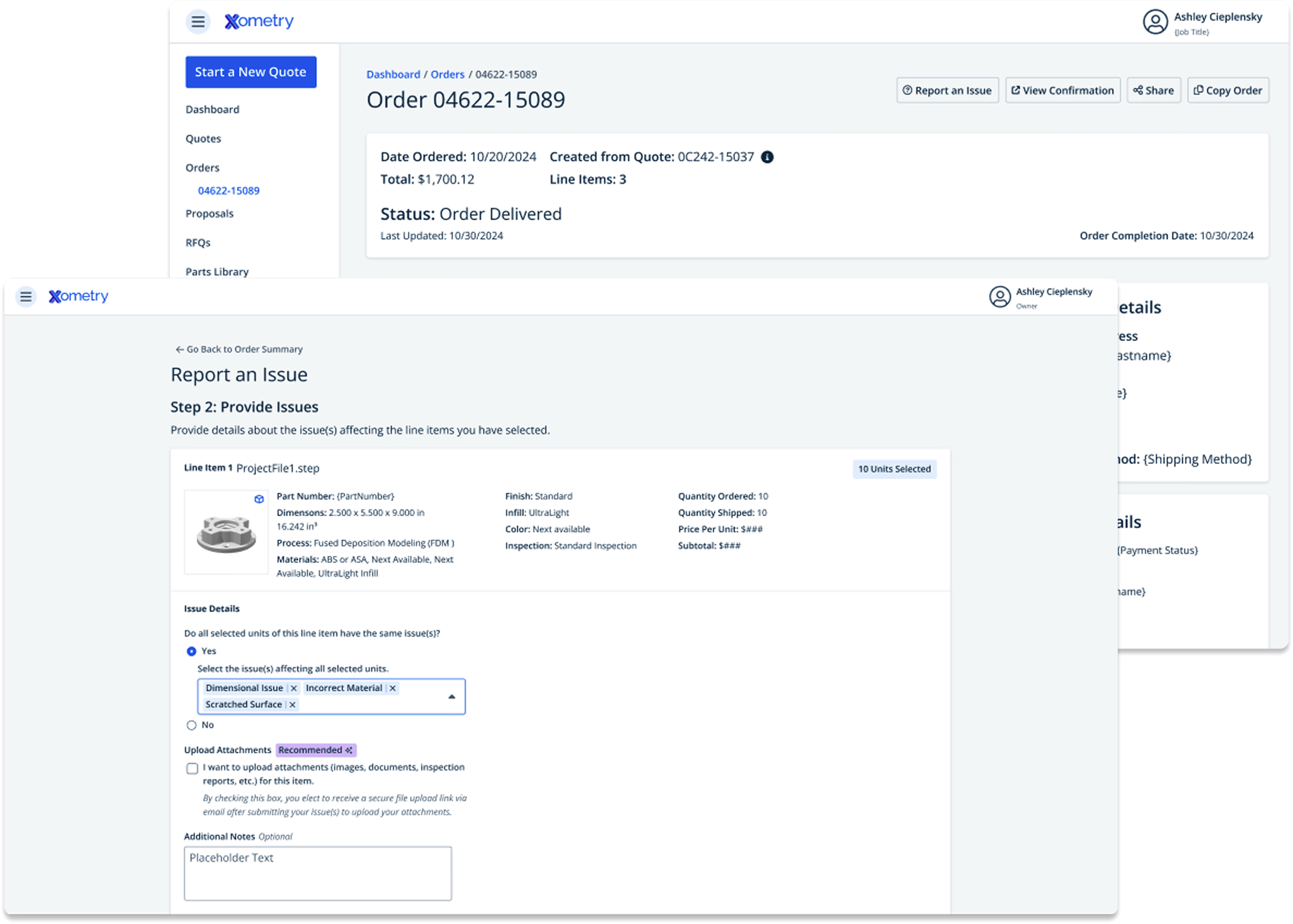 Streamlining Returns @ Xometry — RMA system screenshot